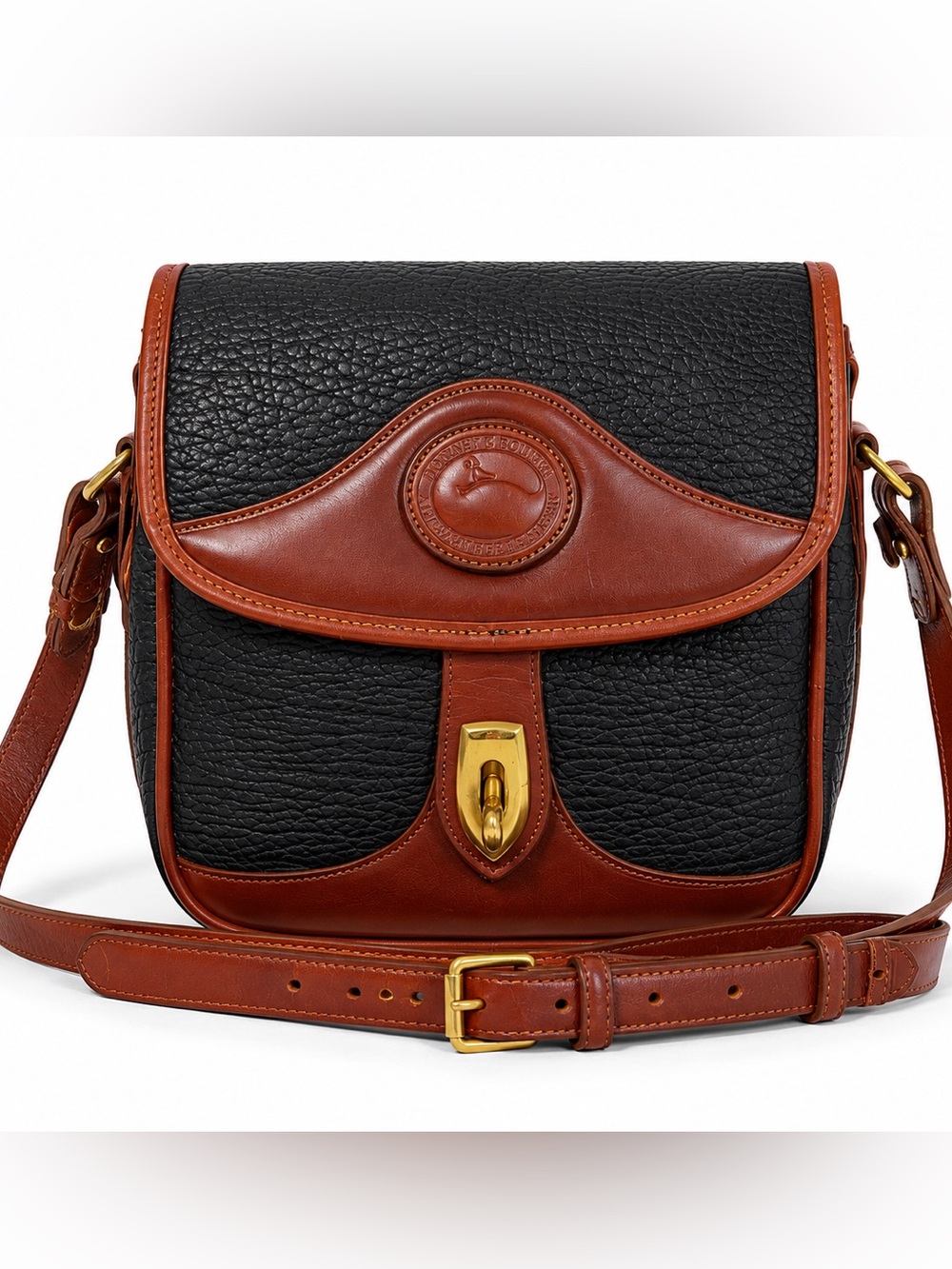 Vintage Dooney & Bourke AWL Cavalry Crossbody Bag Black Pebble Leather Tan USA - Picture 1 of 9